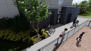 Exterior walkway along playground at Marketview Apartments in Ithaca, NY